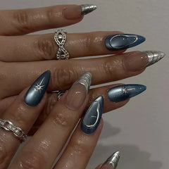 Ingvn  24Pcs Fashion Almond Head Fake Nails Press on Glitter Gradient Green Nail Art with Star Moon Design Reusable Oval False Nails