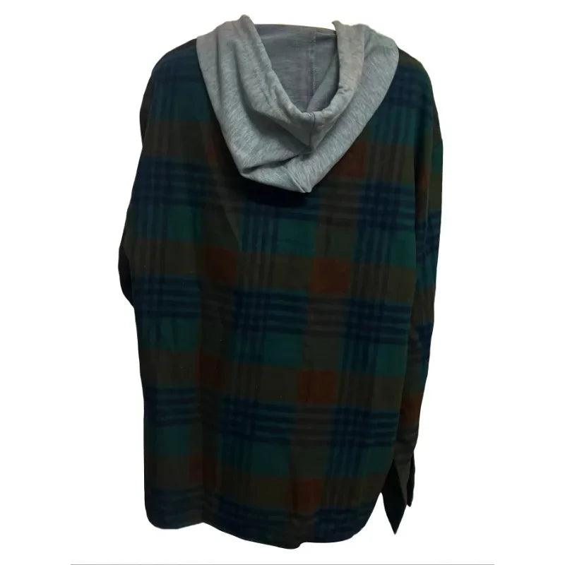 Ingvn  Plus Size Women Fashion Plaid Printed Hoodies Shirt Blouse Ladies Casual Loose Long Sleeved Shirt Lapel Design Shirt Tops