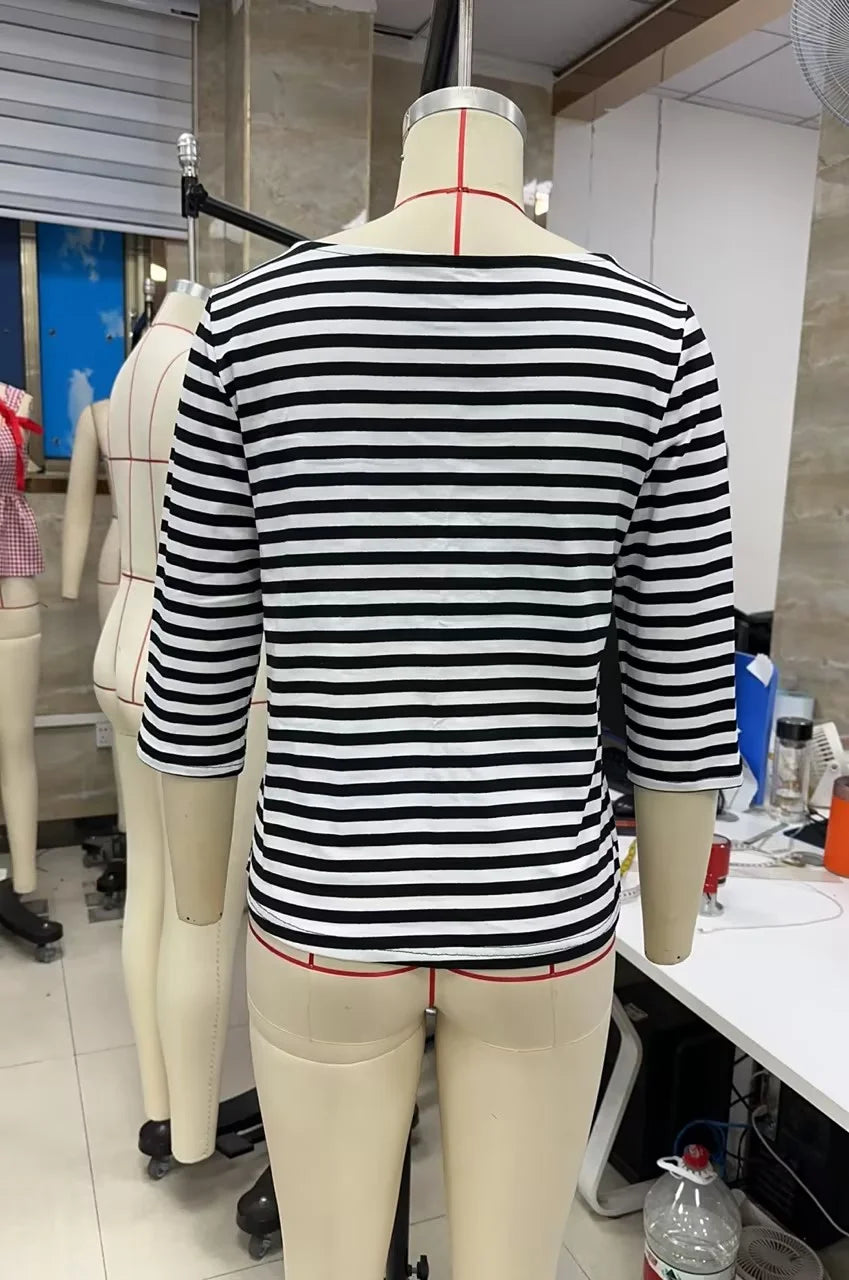 Ingvn  Women's Y2k American Retro Striped Contrast Color T-Shirts Boat Neck Three Quarter Sleeve Tee Tops Club Streetwear