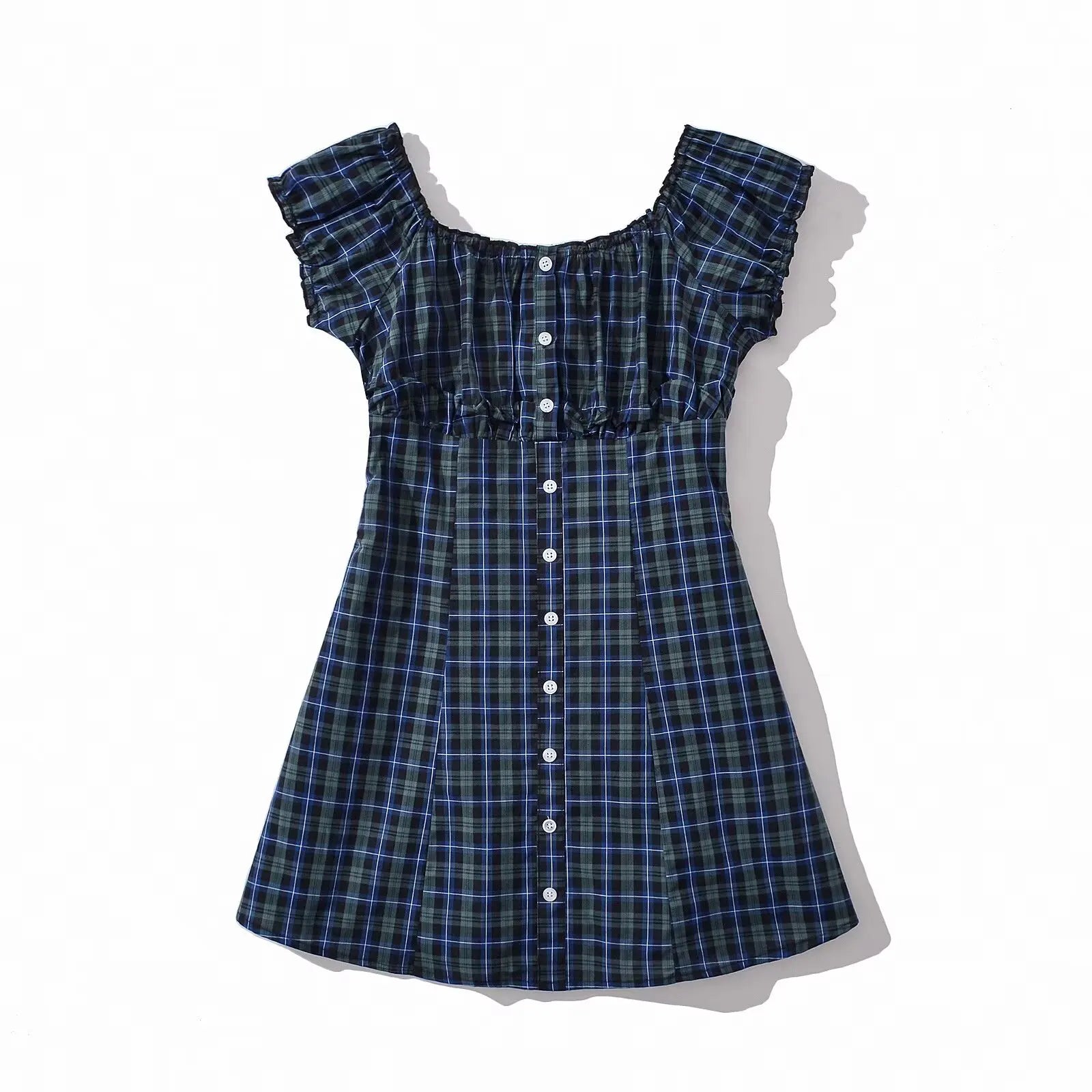 Ingvn  Contrast Color Plaid Open Buttons Slash Shoulder Mini Dress Women Short Sleeve Slim Waist Dresses Holiday Robe Femme