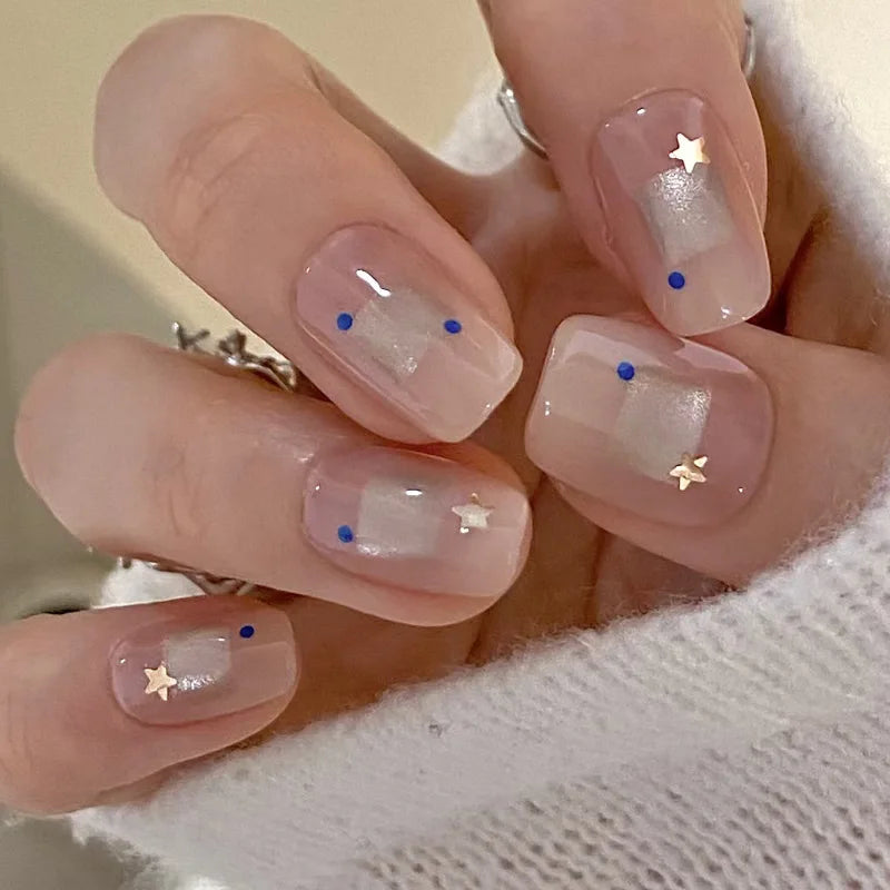 Ingvn  24Pcs Summer Peachy Pink Nail Tips with Star Design Short Round Head Press on Fake Nails Cute Almond Style Wearable False Nails