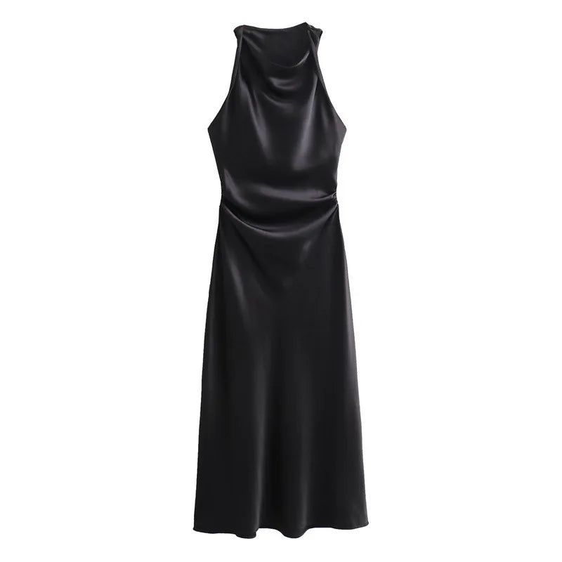 Ingvn  Autumn Satin Texture Sleeveless Midi Dress Round Neck Fashion Evening Dress