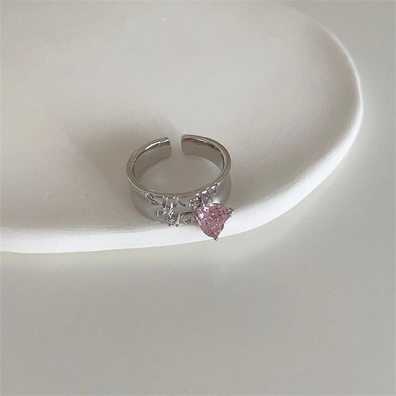 Ingvn  Pink Crystal Irregular Heart Rings Creative Zircon Bowknot Opal Love Heart Open Ring Y2K Shiny Rings for Women Party Jewelry