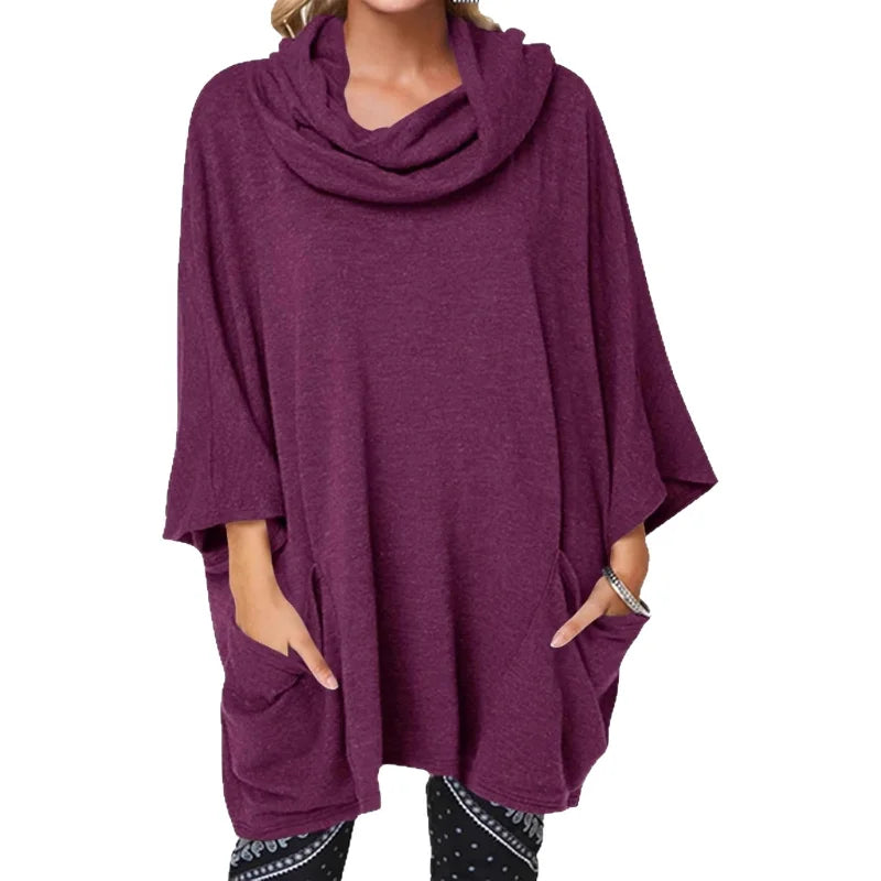 Ingvn  New Autumn Winter Style European American Loose Slouchy Turtleneck High Neck Pocket Pullover Long Sleeve Comfortable Top Women