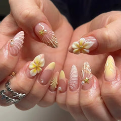 Ingvn  24Pcs Press on False Nails with Flower Design Blue Leopard Print French Almond Fake Nails Detachable Oval Finished Nail Art Tips