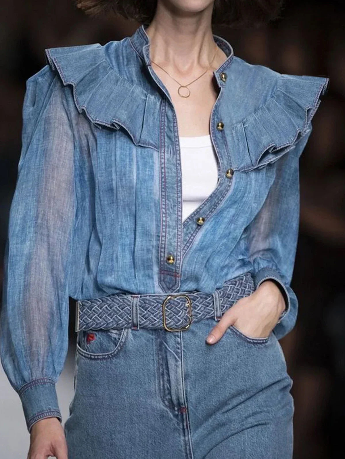 Ingvn  Women Ruffle Retro Button Shirts See Through Stand Collar Mori Girl Long Sleeve Blouse Spring Casual Elegant Shirts Top