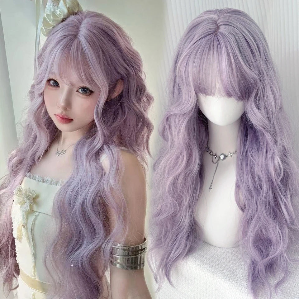 Ingvn  Long Wavy Grey Purple Wig Synthetic Natural Looking Lolita Cosplay Wig Halloween Costume Party Wig for Women Daily Wear