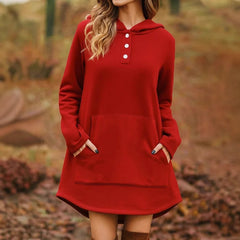 Ingvn - European American Autumn Winter New Style Women Casual Loose Fashion Solid Color Long Sleeve Pocket Pullover Hooded Sweatshirt