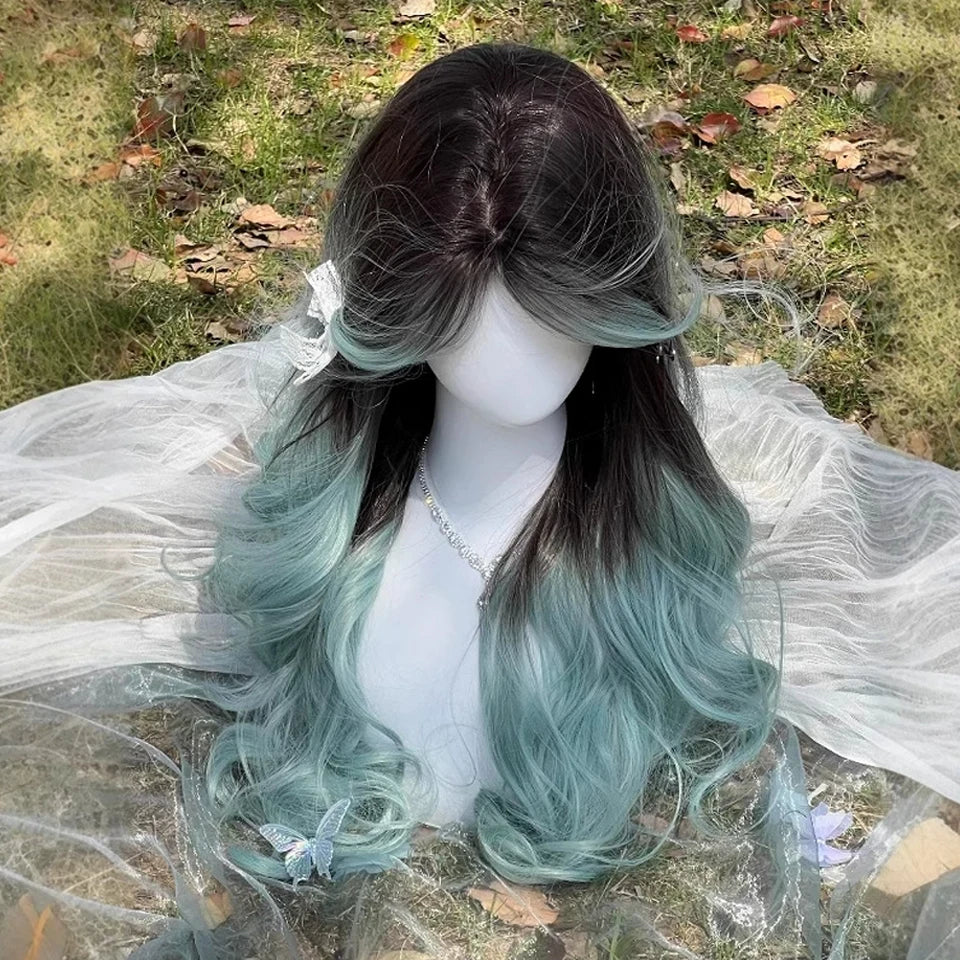 Ingvn  Long Wavy Pink Wig with Bangs Synthetic Cosplay Natural Lolita Purple Green Wig Halloween Costume Wig for Women Daily Wear