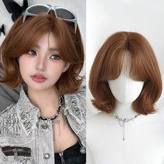 Ingvn  ﻿ Short Brown Straight Synthetic Wig with Bangs Curly Hair Pink Green Lolita Wigs for Women Daily Party Cosplay Christmas Wig