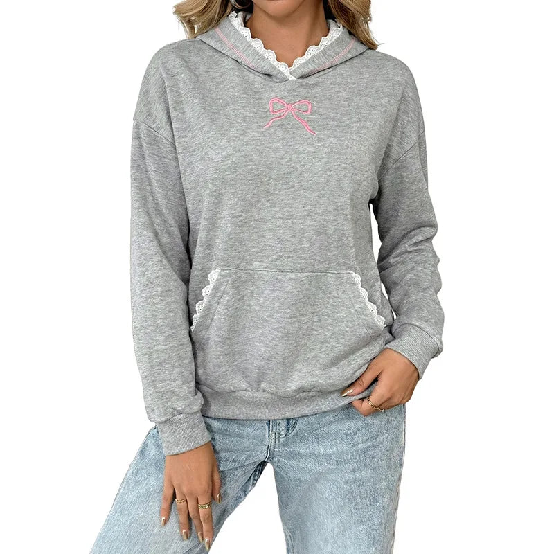 Ingvn - Women Sweet Hoodie Bow Embroidery Lace Trim Splice Long Sleeve Loose Casual Pullover Sweatshirt
