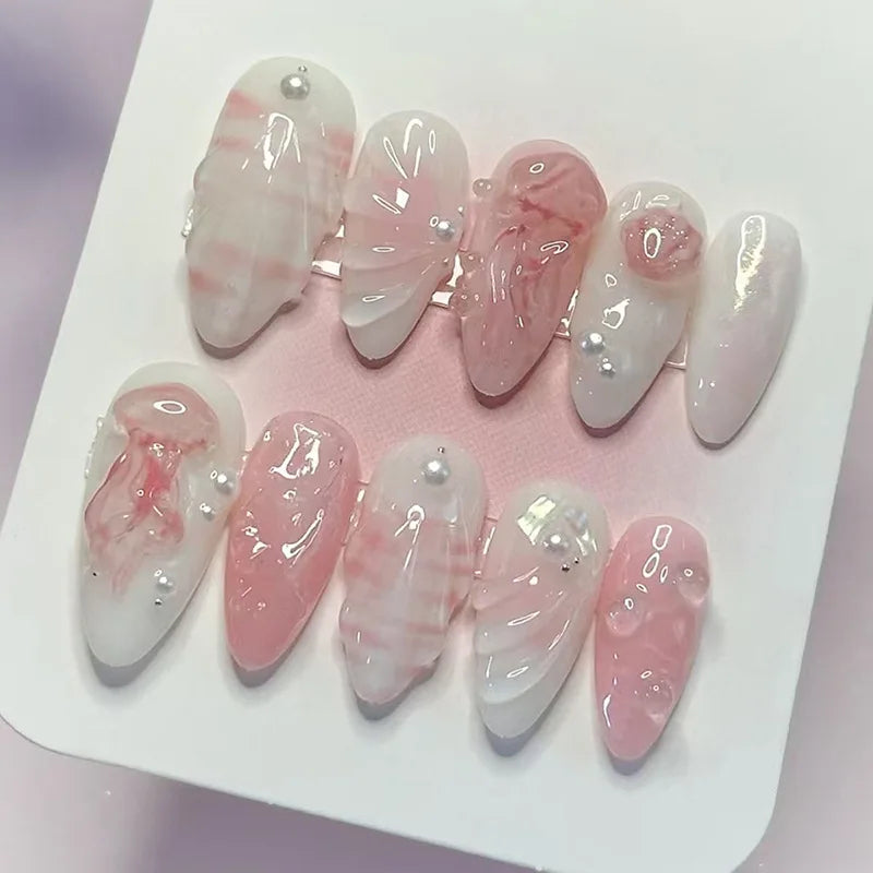 Ingvn  24Pcs Green Oval False Nails with Strawberry Design Wearable Mid-length Almond Press on Fake Nails Rabbit Pattern Nail Art Tip