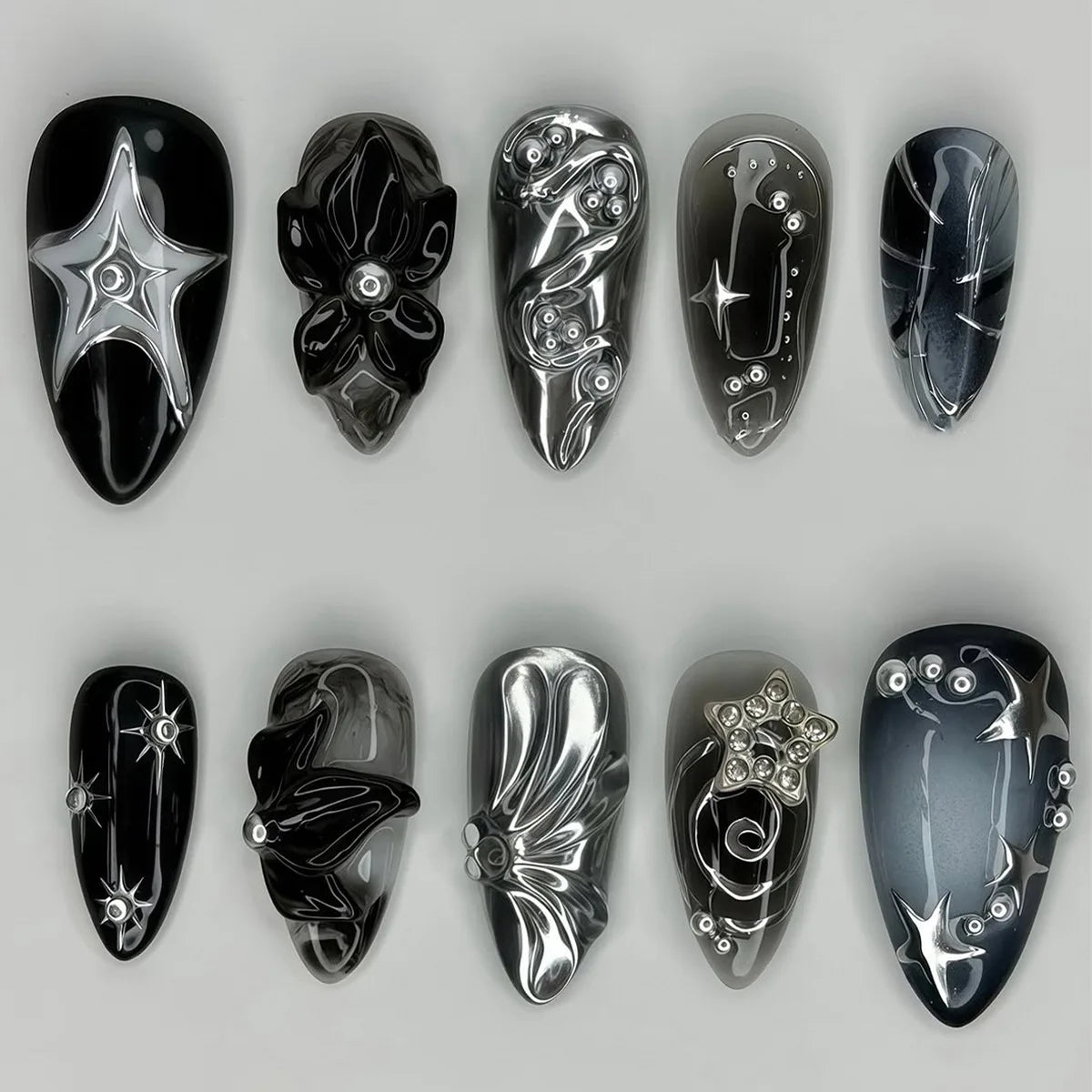 Ingvn  24Pcs Gothic Dark Red Press on False Nails Y2k Reusable Almond Nails Set with Silver Ripples Pattern Cool Fake Finger Nail Tip