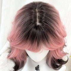 Ingvn  Short Wavy Ombre Pink Hair Wig for Women Synthetic Wig with Bangs Natural Layered Lolita Cosplay Party Cute Wigs
