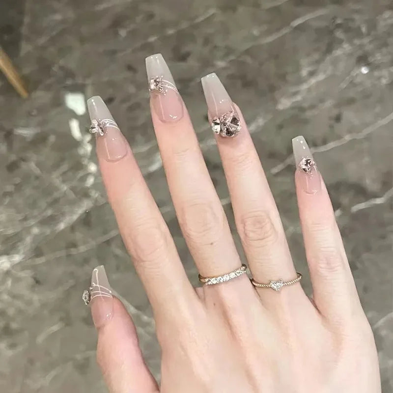 Ingvn  24Pcs Pink Ballet Fake Nails Full Cover Nail Tips Long Ballet False Nails with Rhinestone Chain Design Wearable Press on Nails