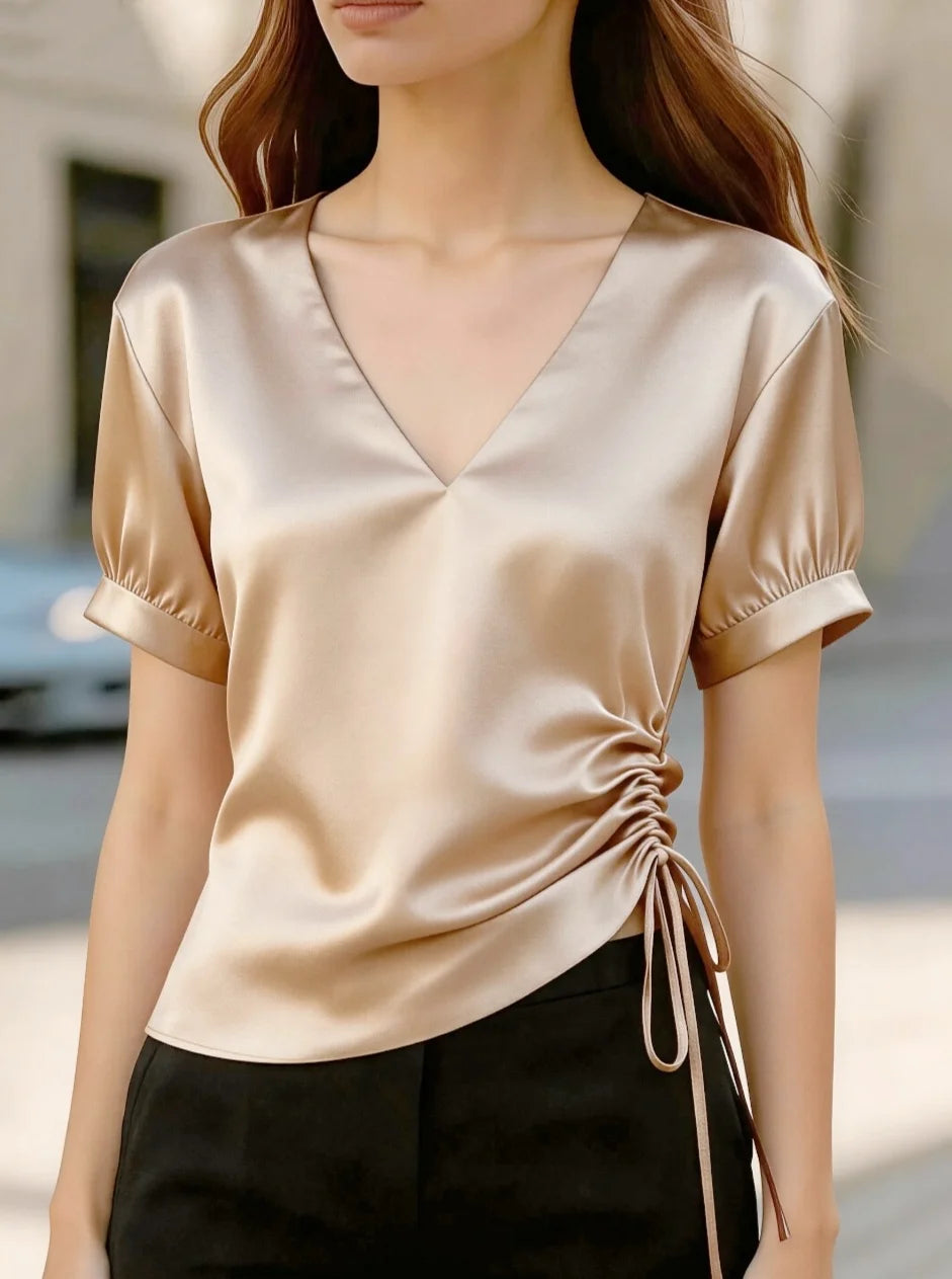 Ingvn  Women's V Neck Short Sleeve Satin Blouse with Side Ruched Tie Detail, Slim Fit Top for Casual or Office Wear