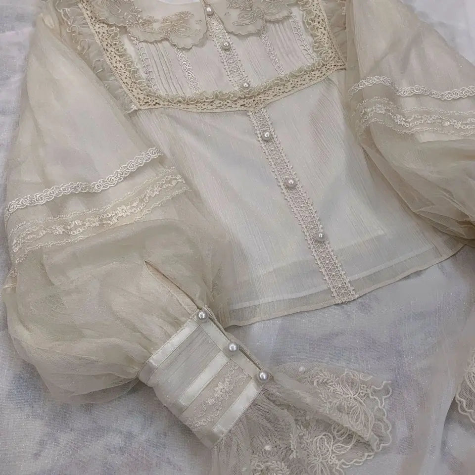 Ingvn  Vintage Lolita Shirt Japanese Women Elegant Sweet Lace Ruffle Embroidery Long Sleeve Blouse Y2k Aesthetic Clothes Tops