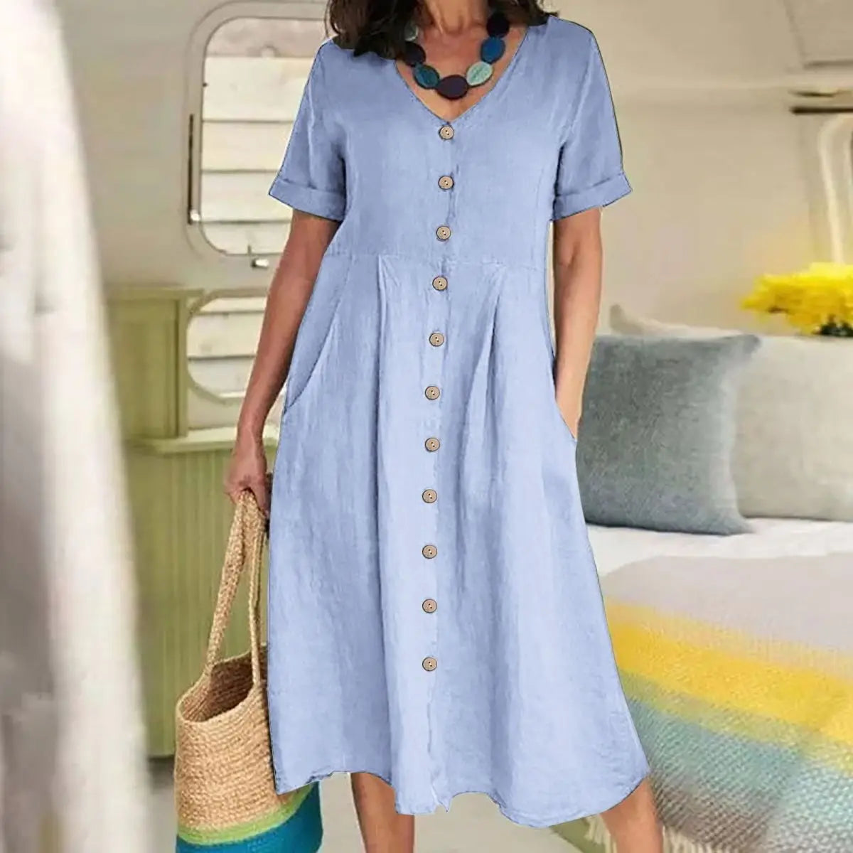 Ingvn  Spring Summer New Solid Color Loose High Waist Cotton Linen Dress