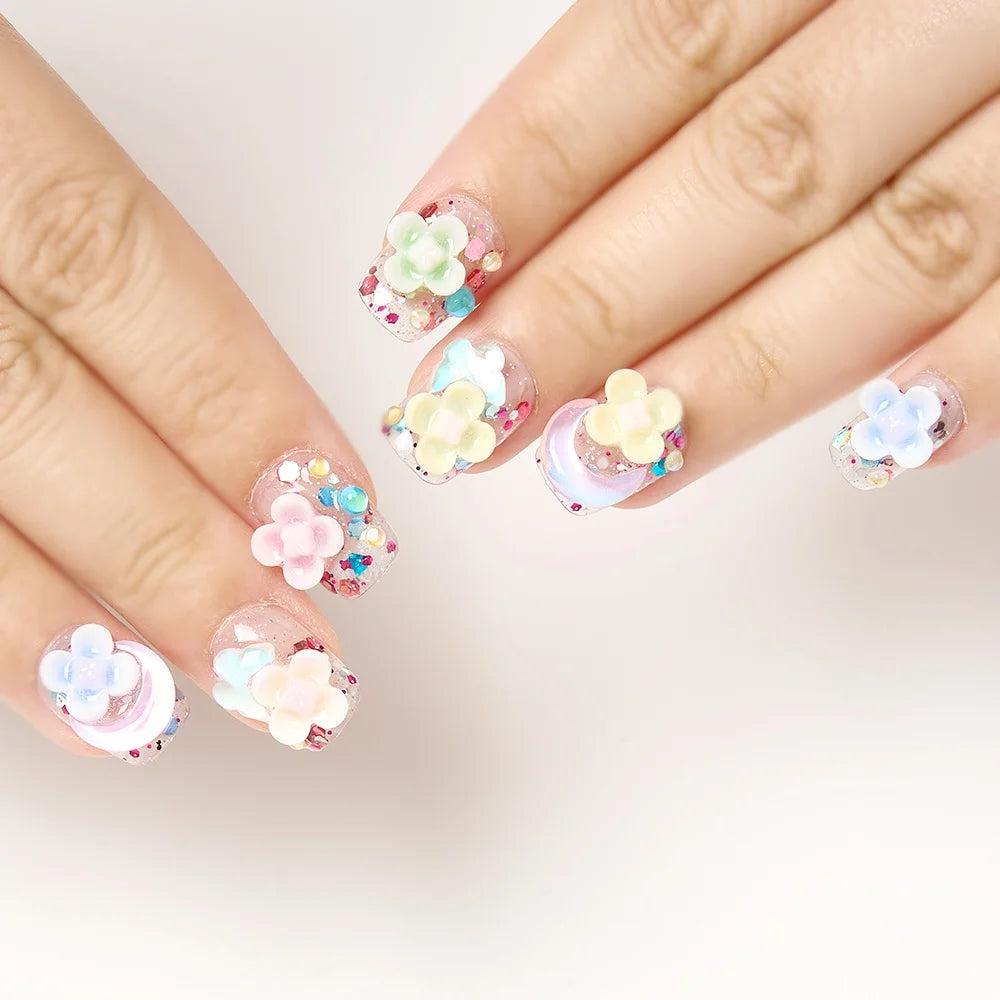 10pcs Handmade Summer Press On Nails Short Fake Nails Ballerina Moon Flower Patterned Fake Nail Cute Nail Art Sweet Fake Nails