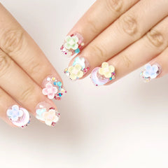 10pcs Handmade Summer Press On Nails Short Fake Nails Ballerina Moon Flower Patterned Fake Nail Cute Nail Art Sweet Fake Nails