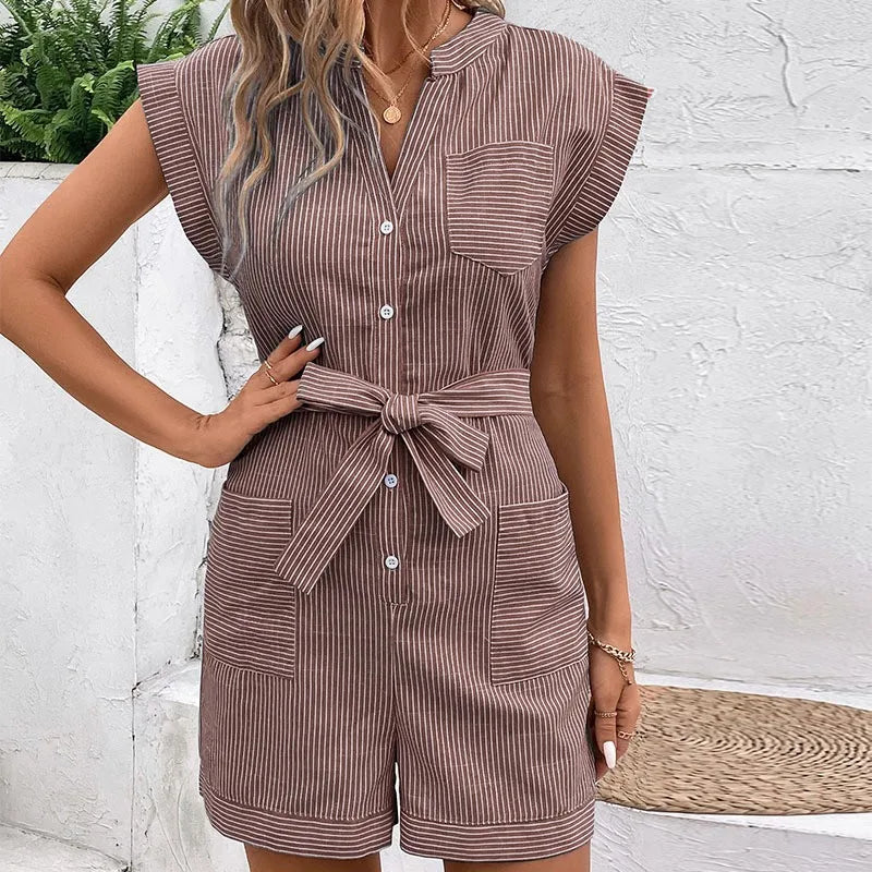Ingvn  Summer Women's Clothing Casual Striped Short Sleeve Romper For Woman Elegant Commuter Playsuit Lightweight Cotton Capri Pants