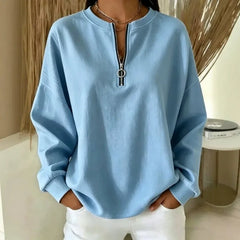 Ingvn - Women Round Neck Half Zip Sweatshirt Long Sleeve Loose Pullover Casual Fall Daily Top