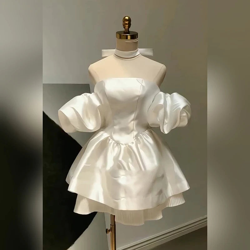 Ingvn  French Style Elegant Puff Sleeve Sexy off-Shoulder Backless High Waist Slim Fit White Princess Birthday Party Dress Women Summer