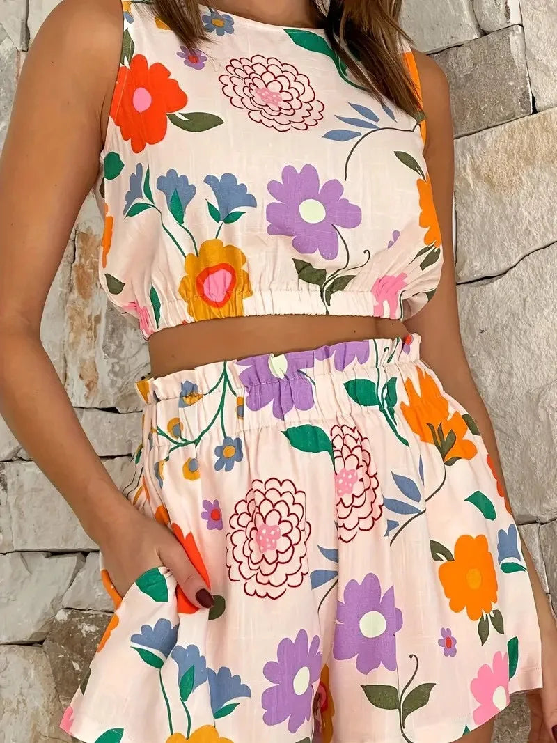 Ingvn  Summer Women's Clothing Two Piece Set Sleeveless Floral Print Casual Outfit Elegant Tank Capri Set Woman Stretchy Spandex