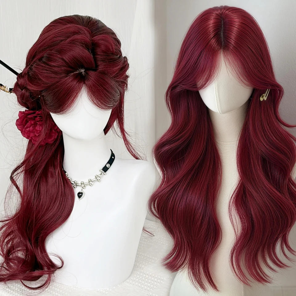 Ingvn  Long Wavy Pink Wig with Bangs Synthetic Cosplay Natural Lolita Purple Green Wig Halloween Costume Wig for Women Daily Wear