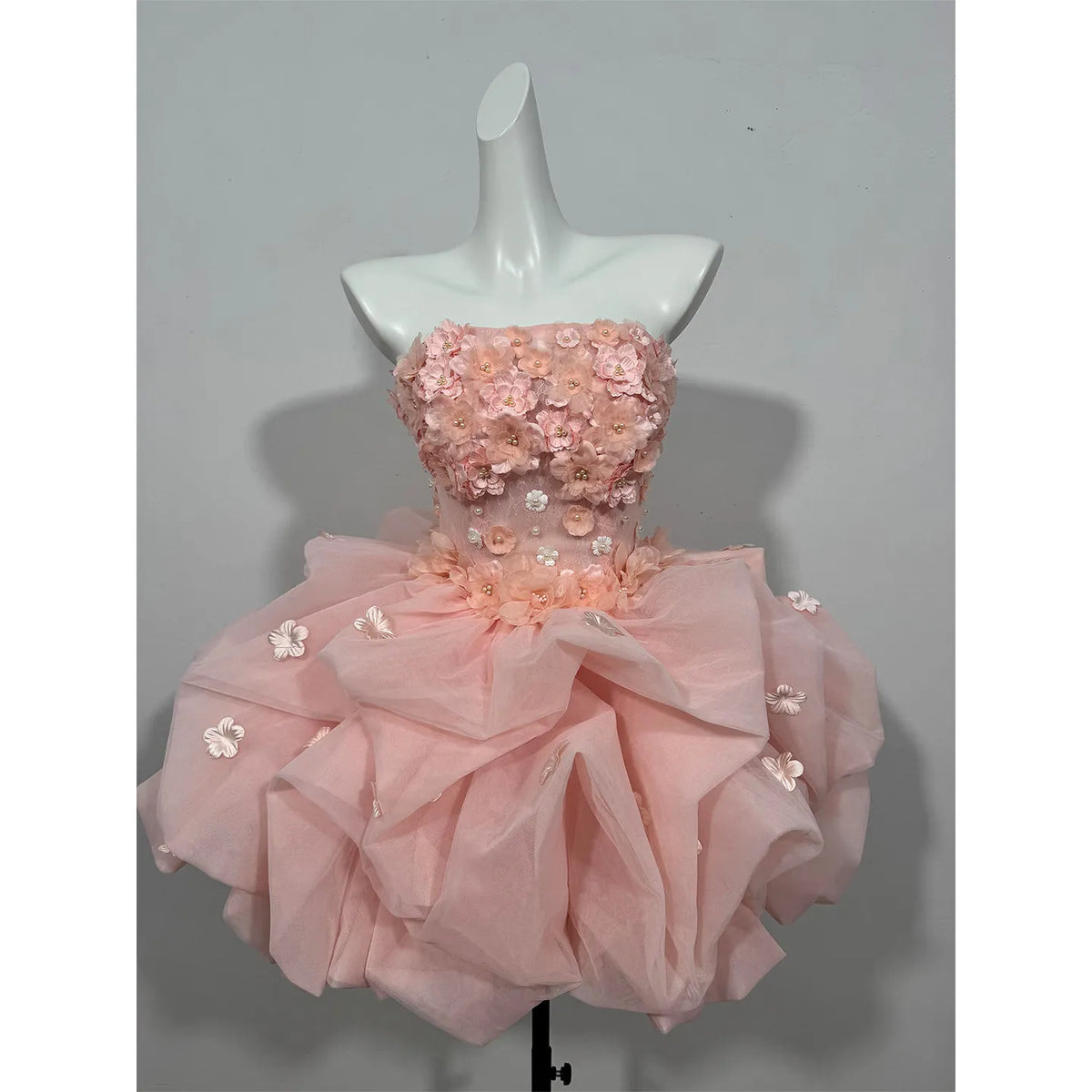 Ingvn  Spring Elegant Princess Pink Birthday Party Dress Sleeveless Strapless Beaded Embroidery Sweet Puffy Short Dress for Women