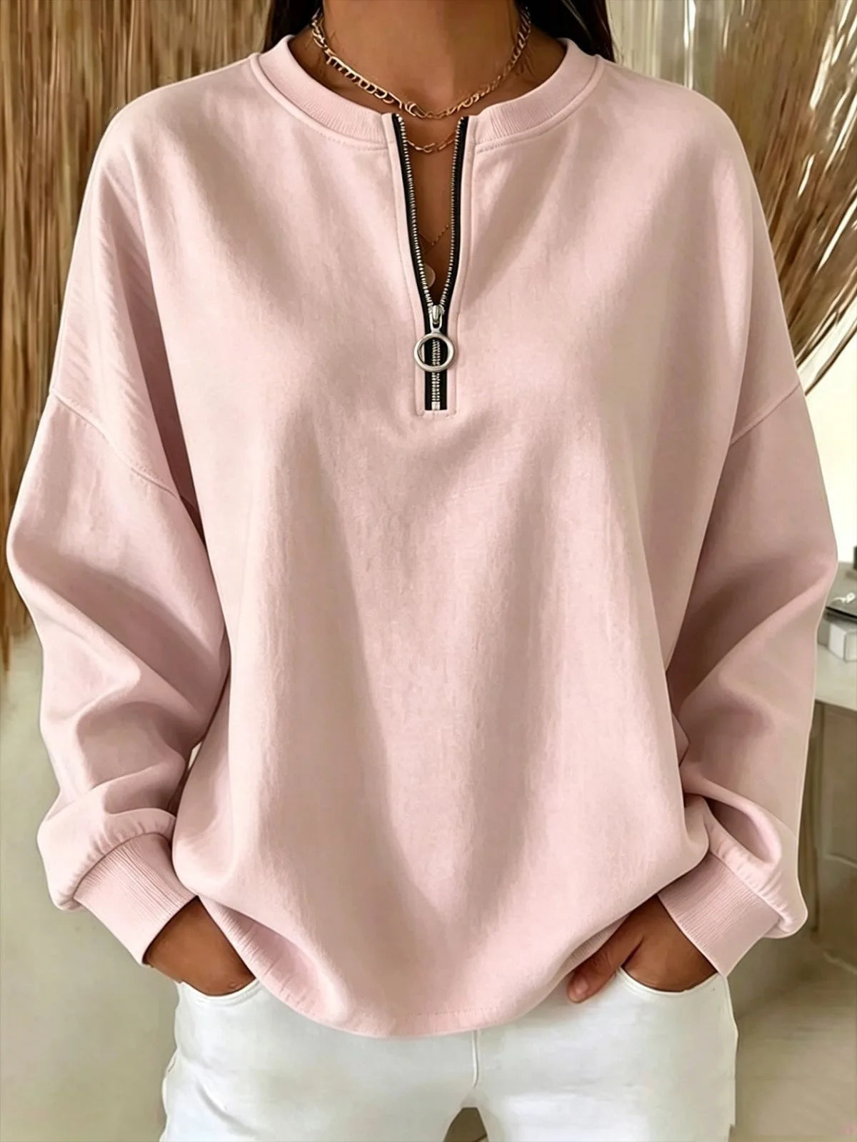 Ingvn - Women Round Neck Half Zip Sweatshirt Long Sleeve Loose Pullover Casual Fall Daily Top