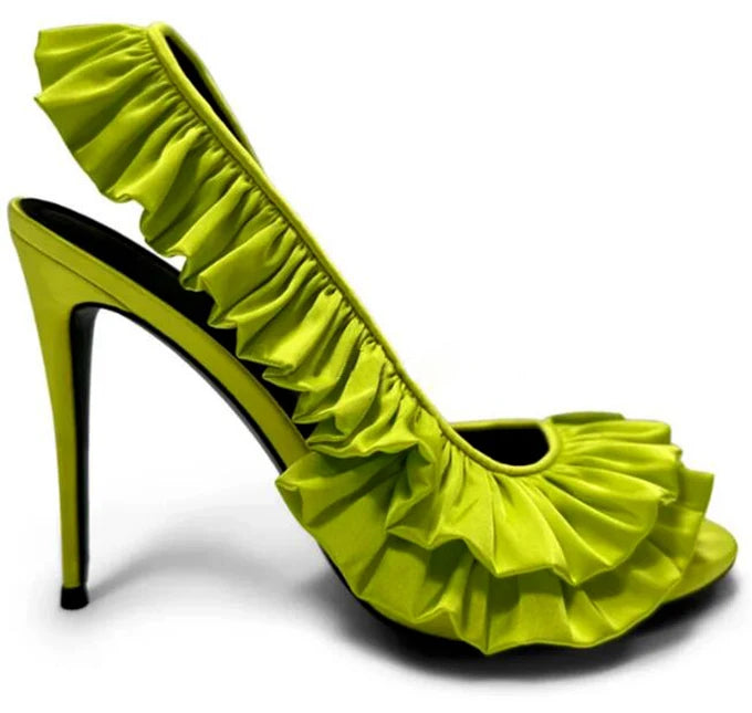 Ingvn - Neon Green Pink Silk Ruffle High Heel Sandals Women Open Toe 10cm Stiletto Heel Slip On Slingback Wedding Banquet Pumps Shoes