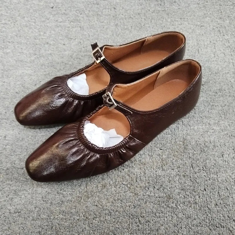 Ingvn  Street Style Fashion Pleated Mary Janes Women Ballet Flats Comfortable Soft Soles Leather Spring Summer Walking Loafers Shoes