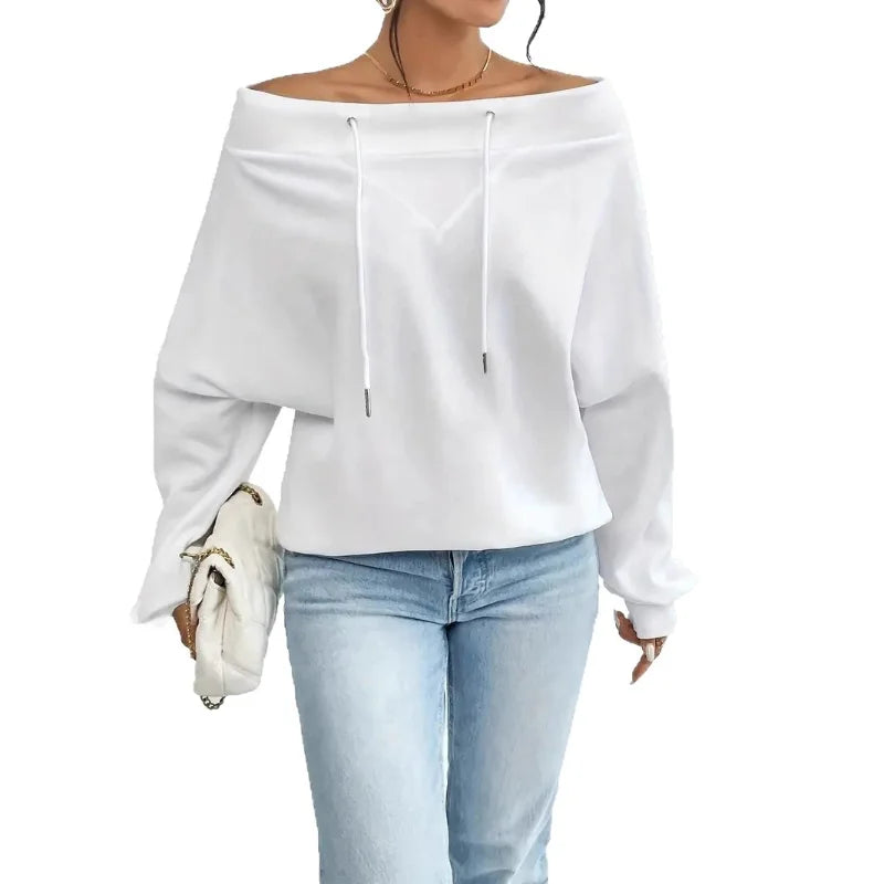 Ingvn - Women's Royal Blue Off-the-shoulder Boat Neck Sweatshirt Long Sleeve Drawstring Design Casual Fashion Loose Pullover