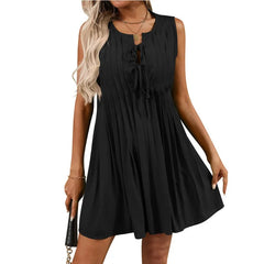 Ingvn  Summer New Women's Fashion Tie Short Sleeveless Vacation Dress
