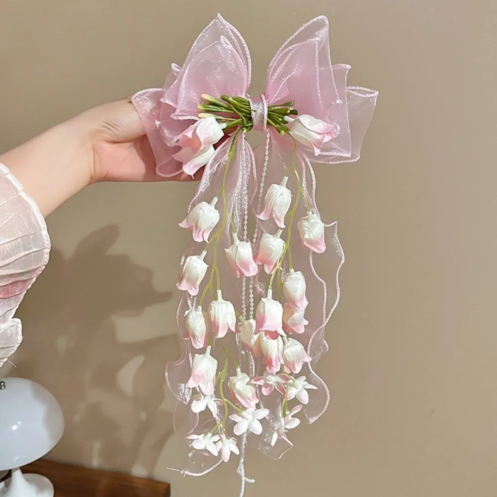Ingvn  New Bell Orchid Ribbon Hair Clip Large Bow Soft Mesh Hair Barrettes Long Ribbon Tassel Design Bow Hair Clip For Girls
