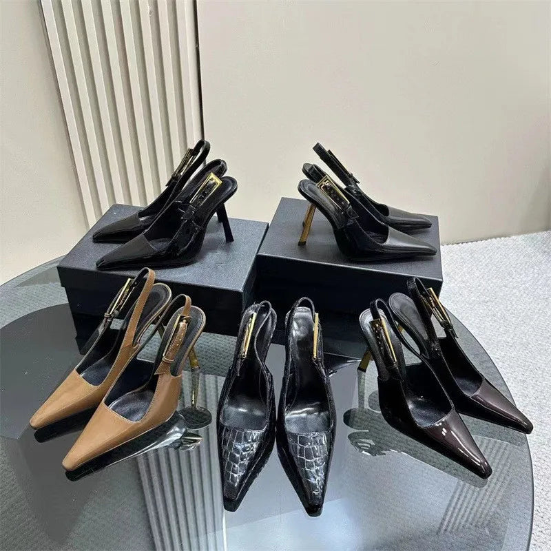 Ingvn  Star style Fashion Patent Leather Women Pumps Summer Square toe Metal Buckle Slingbacks Elegant Thin High heels Dress Shoes