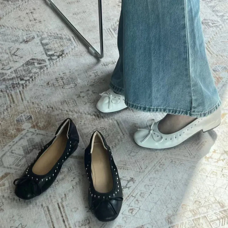 Ingvn  Vintage Rivet Bowknot Women Ballet Pumps Comfortable Soft Leather 3cm Thick Heeled Lazy Loafers Spring Summer Casual Girls Shoes