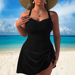 Ingvn  Women Plus Size Swimsuit Halter Neck Swimwear Ruched Bust Swimsuit High Waist Bathing Suit Solid Black Woman Women's Wrap Skirt