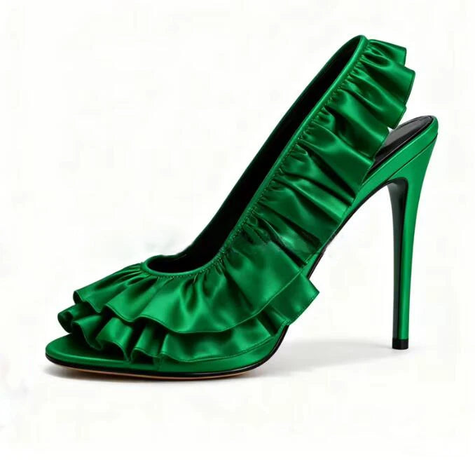 Ingvn - Neon Green Pink Silk Ruffle High Heel Sandals Women Open Toe 10cm Stiletto Heel Slip On Slingback Wedding Banquet Pumps Shoes