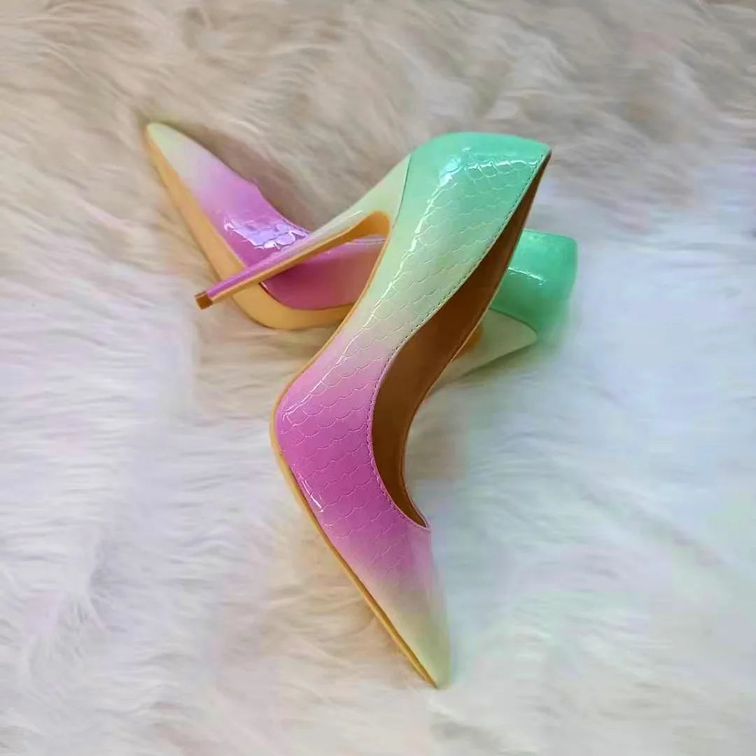 Ingvn - Mint green purple Gradient Pumps Python Patent Thin High Heel Slip On Pointed Toe Party Shoes Woman Low Cut Pumps