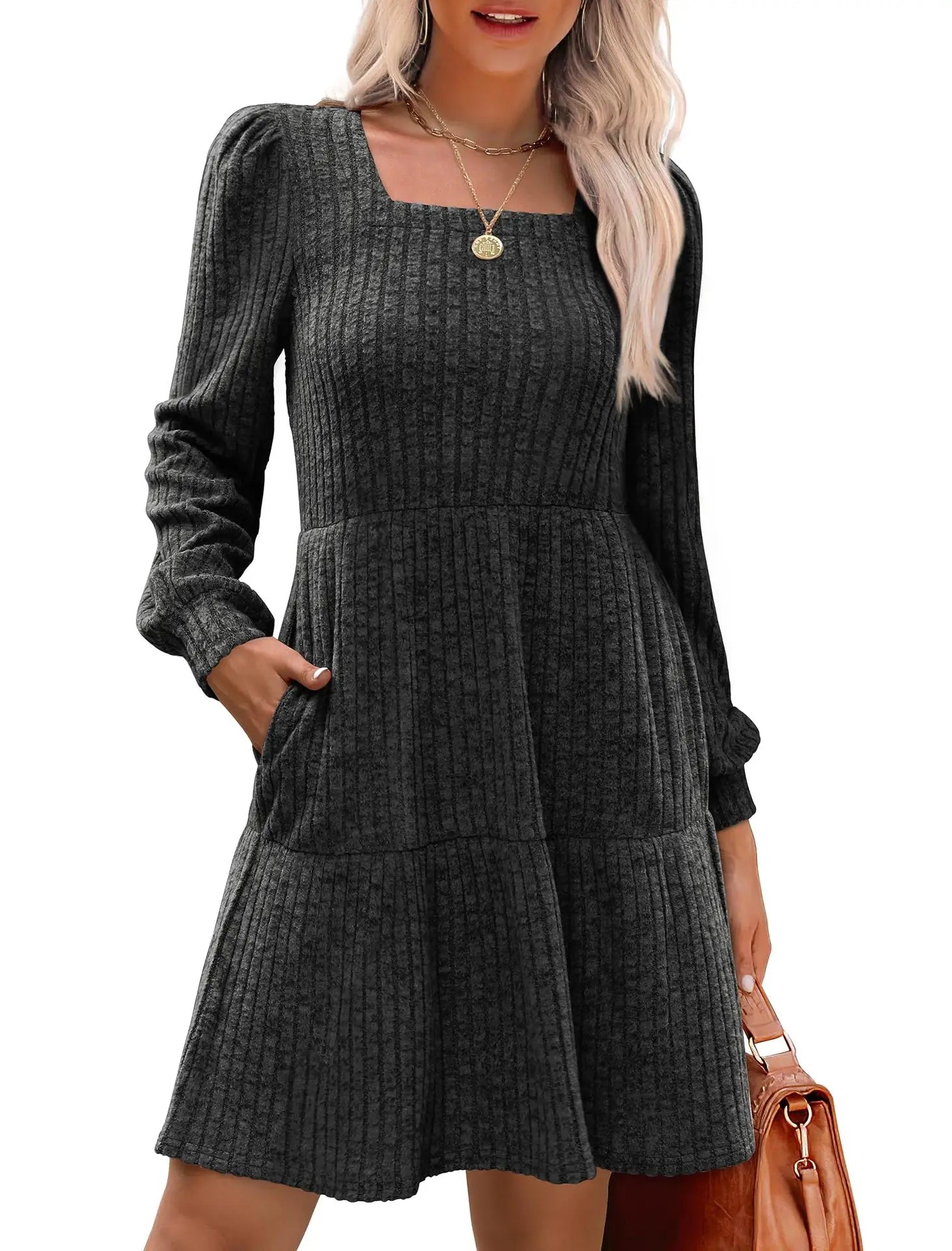 Ingvn  European and American Women's Square Collar Long Sleeve Autumn Dress Casual Baby Sweater
