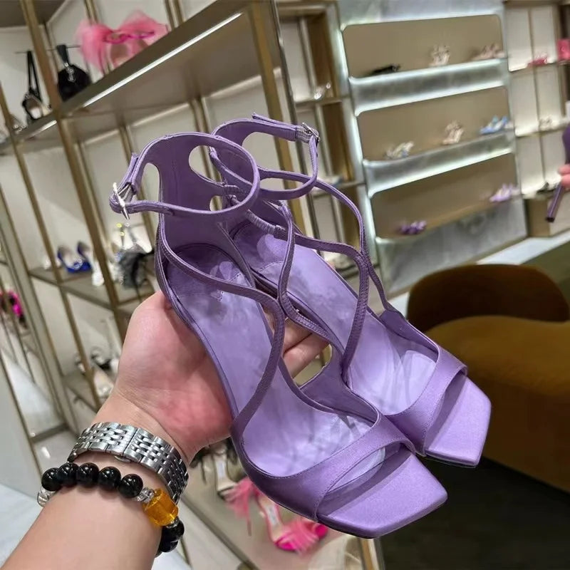 Ingvn  Star Style Purple Satin Women Sandals Sexy Narrow Band Ankle Strap Stiletto High Heels Gladiator Sandalias Summer Banquet Shoes