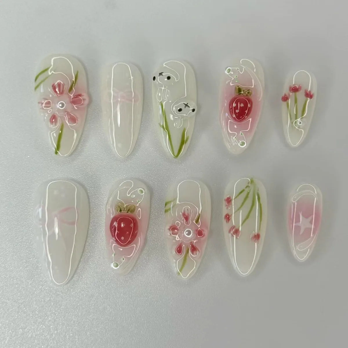 Ingvn  24Pcs Green Oval False Nails with Strawberry Design Wearable Mid-length Almond Press on Fake Nails Rabbit Pattern Nail Art Tip