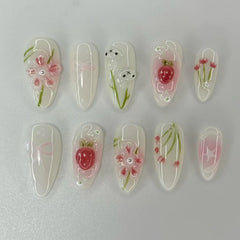 Ingvn  24Pcs Green Oval False Nails with Strawberry Design Wearable Mid-length Almond Press on Fake Nails Rabbit Pattern Nail Art Tip