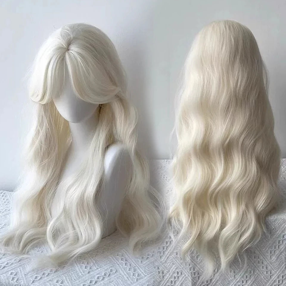 Ingvn  Long Wavy Brown Wig with Middle Part Bangs Synthetic Natural Cosplay Cute Wig Halloween Costume Lolita Wig for Women