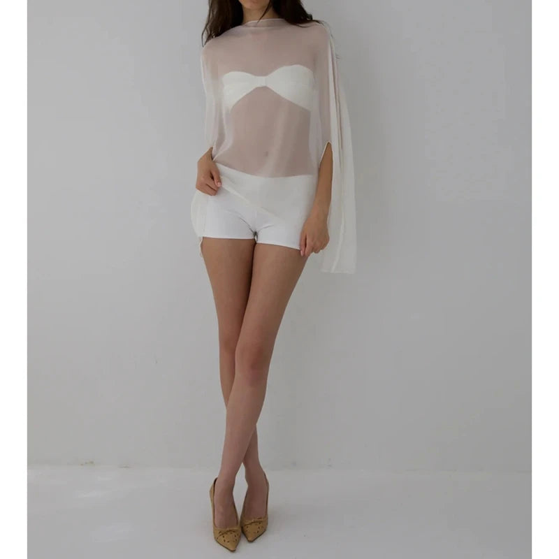 Ingvn  Womens Sheer Chiffon Cape Sleeve Top Batwing Boat Neck Loose Flowy See Thru Blouse Bikini Cover Up Vacation Beachwear