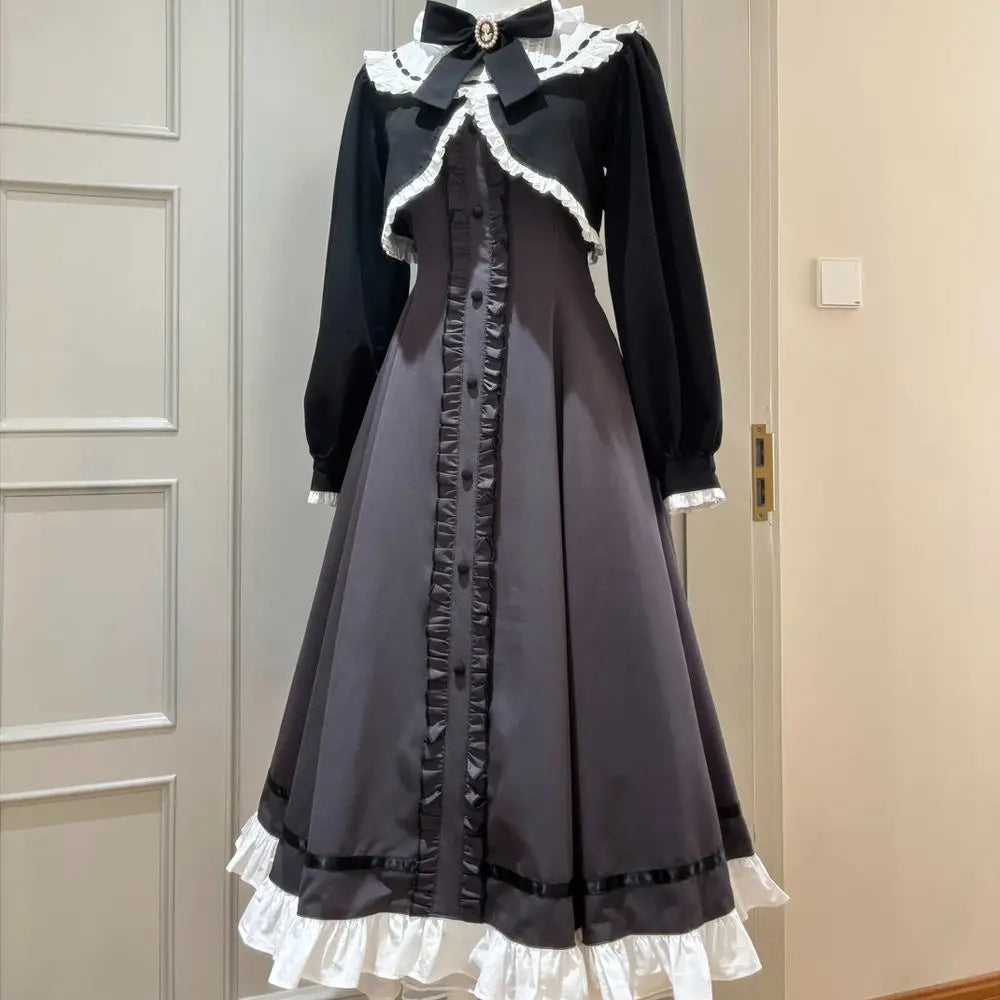 Ingvn  Harajuku Ruffled Long Suspender Sweet Dress + Patchwork Short Blouses Y2k Aesthetic 2 Pieces Set Woman Grunge Outfits