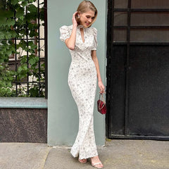Ingvn  Spring Summer Women's Clothing Deep V Neck Short Sleeve Slim Long Dress For Woman Polyester High Waist Elegant Floral Bodycon