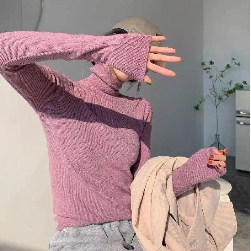 Ingvn - Women's Autumn Winter High Neck Knit Sweater Top Slim Fit Thick Warm Elegant Chic Coquette Trendy Layering Loose